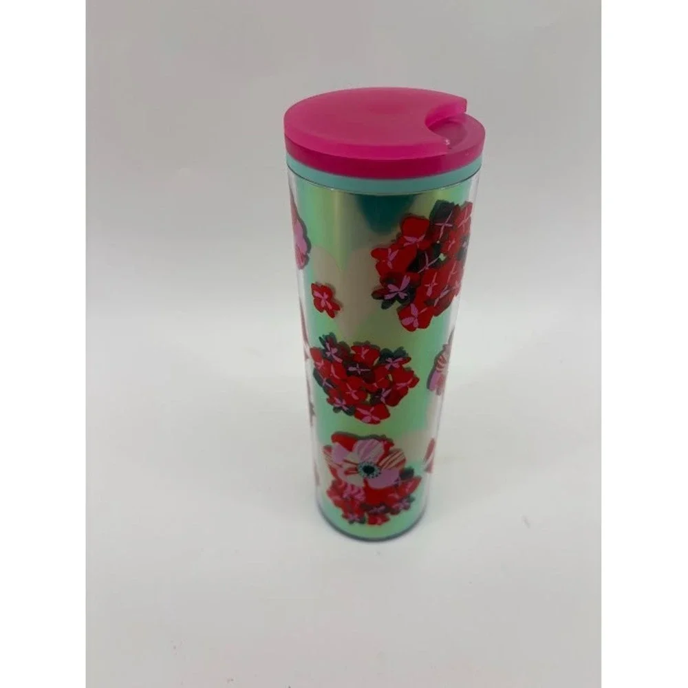Starbucks 16oz Tumbler Pink And Red Flowers And Hearts‎ On Green NEW